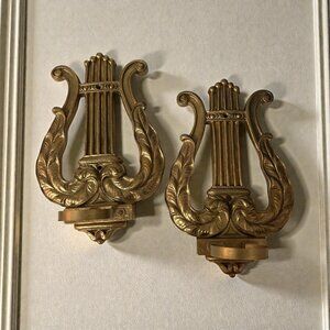 Vintage Lyre Wall Candle Sconces Set of 2 Neoclassical Gold Tone Decor
